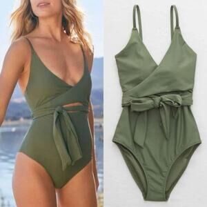 Aerie Wrap Full Coverage One Piece Swimsuit Olive Green Small Long